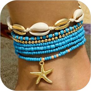 7 Pcs Bohemian Starfish Anklets Gold Boho Ankle Bracelets for Women, Dainty Handmade Adjustable Beaded Starfish & Natural Shell Anklet Set, Waterproof Layered Beach Foot Jewelry for Summer
