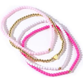 Pingyongchang Bohemian Multilayers Pink Beads Anklets Set for Women Acrylic Stretch Heart Ankle Bracelets Handmade Elastic Foot and Hand Chain Beach Party Holiday Jewelry