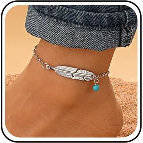 Boho Feather Anklet Bracelet Silver Feather Anklet Chain Turquoise Bead Foot Ankle Minimalist Chain Anklet Summer Beach Foot Anklet Foot Jewelry for Women