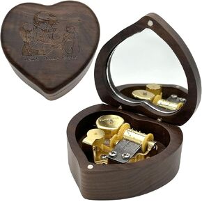 Pursuestar Natural Solid Walnut Wood Heart Shape Music Box -You are My Sunshine, Vintage Wooden Mechanism Wind Up Musical Box with Mirror for Lover Women Girls Valentine's Day Mother's Day