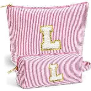 Travel Makeup Bag Organizer - Travel Essentials, Initial Travel Toiletry Bag with Zipper | Small Makeup Bag for Purse Cute Blue Stuff Birthday Gifts for Women Mom Daughter (Blue Letter L)