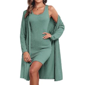 Ekouaer Robe Sets for Women Sleepwear Rib Knit Bodycon Nightgown with Robes Set 2 Piece Soft Lightweight Loungewear