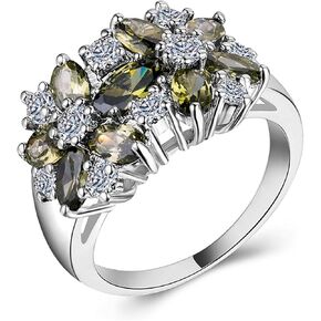 Silver Plated Brilliant Oval Cut Created Blue Sapphire Green Topaz Morganite CZ Cubic Zirconia Pave Filled Halo Wedding Engagement Promise Eternity Band Women's Ring for Mom Bridal Lover