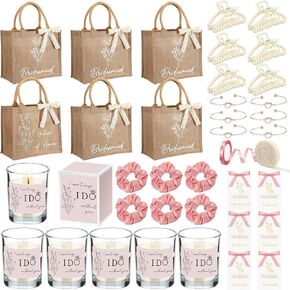 Locmeo 38 PCS وصيفات العروسة الهدايا تشمل 6 أكياس هدايا مع الشريط 6 لؤلؤة مخلب مقاطع 6 شمعة 6 شمعة 6 الساتان scrunchies
