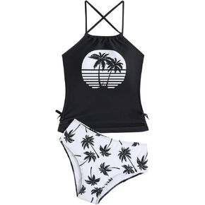 Girl's 2 Piece Tankini Swimsuits Tropical Halter Swim Tops and Shorts Bathing Suits Beachwear