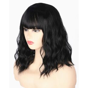 Black Wig with Bangs for Women Girls Bob Hair Wigs Short Curly Wigs 14 inchs