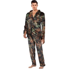 Trailcrest by Treel Camo Soft Plush Fleece Button أسفل قميص الأكمام الطويلة وسراويل Pajama Lounge