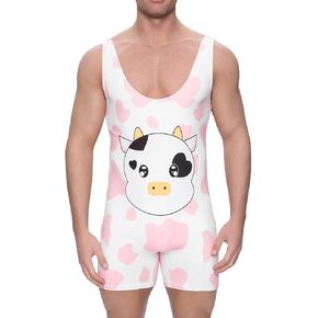 Mens Sleeveless Onesie Sleepwear Jumpsuit Romper Pajamas One Piece Bodysuit Print Nightwear Cow Pattern