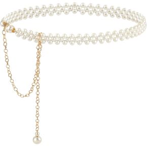 Jeffdad Pearl Waist Chain Belt for Women, White Skinny Pearls Belts with Gold Waist Chain, Pearl Body Chain Belt for Dress