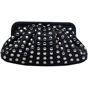 Rivet Studded Black Clutch Purse for Women, Evening & Day Use, Faux Leather Magnetic Closure