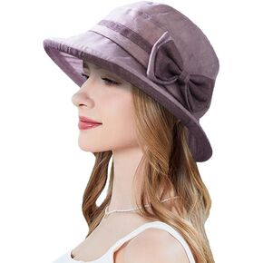 Women's Foldable Linen Bucket Hat with Bowknot Derby Church Wide Brim Cloche Sun Hat