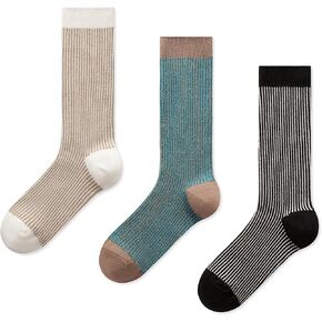 Women's 3-Pack Striped Crew Socks Breathable Cotton Retro Athletic Socks for Everyday