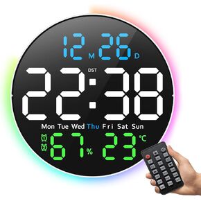 ساعة حائط رقمية ، عرض رقمي كبير 10 بوصات مع ضوء RGB ، والتحكم عن بُعد ، وتيرة تلقائية مع الأضواء الليلية ، و 2 إنذار ، تاريخ عرض الجدار الصامت أسبوع DST Temp