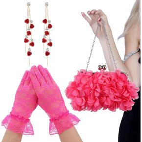 Derby Women Floral Clutch Purse Short Pink Lace Gloves Red Rose Dangle Earrings Flower Handbag Gifts Set for Wedding Birthday Horse Racing Party Prom