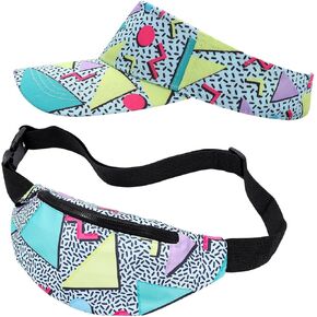 2 Pcs 80s 90s Fanny Pack Sun Visor Hat Waist Bag 80s 90s Outfit Retro Summer Sports Party Fashion Accessories for Men Women (Black)