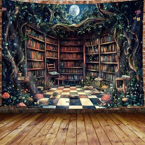JAWO Fantasy Forest Tapestry Aesthetic, Witchy Fairy Mushroom Moon Vintage Library Nature Tapestry Wall Hanging for Bedroom, Dark Retro Magical Bookshelf Tapestries Poster Dorm Home Decor 60X40Inches