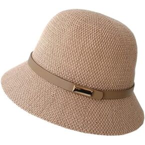 Women Straw Cloche Sun Hat Foldable Summer Sun UV Protection Short Brim Belt Buckle Cap