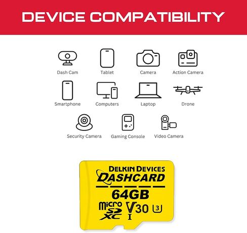 Delkin 64GB Micro SD Card UHS-I (U3/V30) microSDXC with adapter | DASHCARD Ultra-High Speed Class 10 Micro SD Card for Dash Cam, Security Camera, GoPro, Wyze Camera, Digital Camera in Kuwait