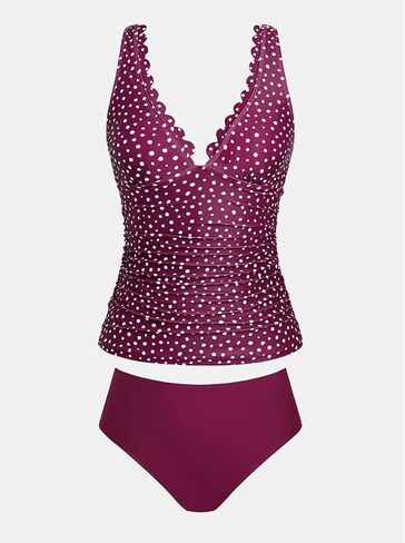 CUPSHE Women's Tankini Sets Scalloped V Neck High Waisted Two Piece Bathing Suits Crossback Straps Ruched in Saudi Arabia