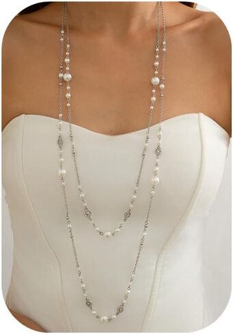 Long Gold Pearl Necklaces for Women Trendy Dainty Layered Pearl Statement Strand Chain Fashion Jewelry Gift Sweater Accessories in Kuwait