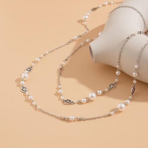 Long Gold Pearl Necklaces for Women Trendy Dainty Layered Pearl Statement Strand Chain Fashion Jewelry Gift Sweater Accessories in Kuwait