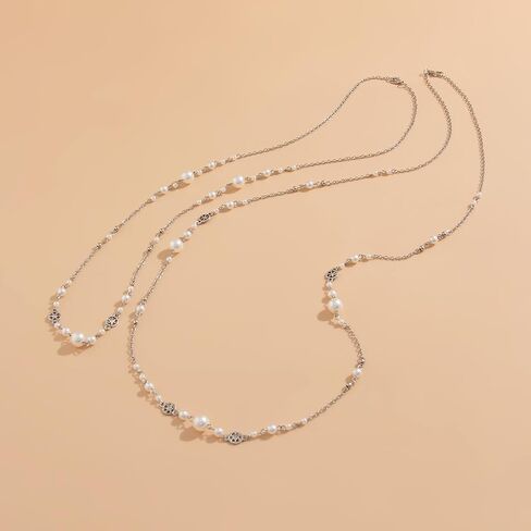 Long Gold Pearl Necklaces for Women Trendy Dainty Layered Pearl Statement Strand Chain Fashion Jewelry Gift Sweater Accessories in Kuwait