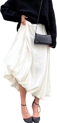 SOMTHRON Women's Bubble Satin Maxi Skirt Low Waist Ruffle Pleated A Line Puffy Summer Flowy Balloon Skirt in Saudi Arabia