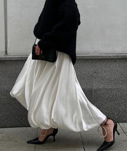 SOMTHRON Women's Bubble Satin Maxi Skirt Low Waist Ruffle Pleated A Line Puffy Summer Flowy Balloon Skirt in Saudi Arabia