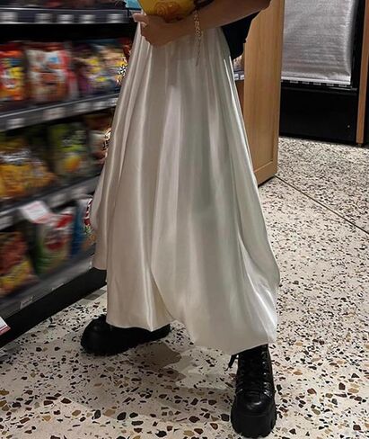 SOMTHRON Women's Bubble Satin Maxi Skirt Low Waist Ruffle Pleated A Line Puffy Summer Flowy Balloon Skirt in Saudi Arabia