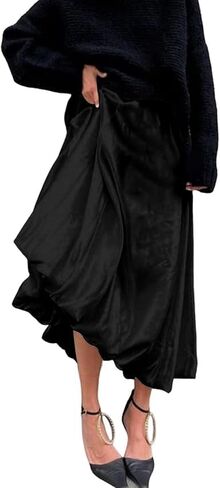 SOMTHRON Women's Bubble Satin Maxi Skirt Low Waist Ruffle Pleated A Line Puffy Summer Flowy Balloon Skirt in Saudi Arabia