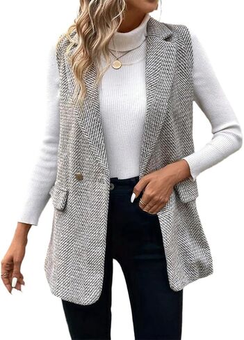 IDEALSANXUN Womens Herringbone Print Vest Fall Winter Double Breasted Sleeveless Blazer Jackets in Kuwait