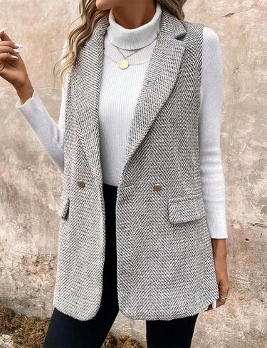 IDEALSANXUN Womens Herringbone Print Vest Fall Winter Double Breasted Sleeveless Blazer Jackets in Kuwait