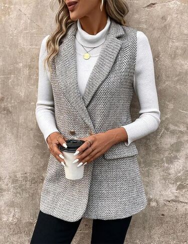 IDEALSANXUN Womens Herringbone Print Vest Fall Winter Double Breasted Sleeveless Blazer Jackets in Kuwait