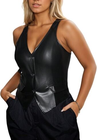 Women's Button Front PU Leather Vest Blazer in Saudi Arabia