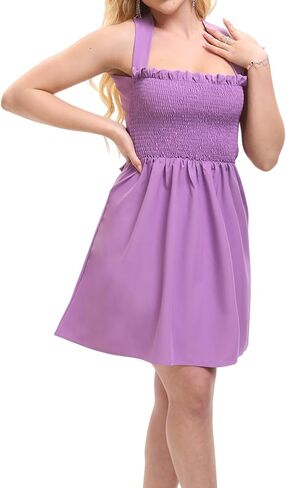 Women's Summer Sexy Wide Strap Cross Back Mini Gong Out Smocked Dress in Kuwait
