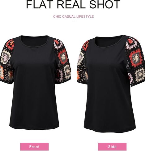 SHEWIN Womens Summer Tops Casual Short Sleeve T Shirts Crewneck Boho Crochet Floral Print Shirt Blouses in Saudi Arabia