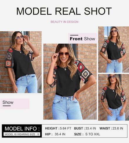 SHEWIN Womens Summer Tops Casual Short Sleeve T Shirts Crewneck Boho Crochet Floral Print Shirt Blouses in Saudi Arabia