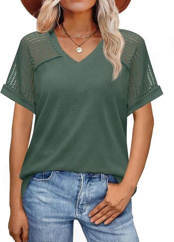 JUSTFASHIONNOW Women's Summer Casual Tops Raglan Short Sleeve V Neck Shirts Trendy 2025 Cute Ladies Blouses Business Outfits in Kuwait