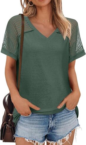 JUSTFASHIONNOW Women's Summer Casual Tops Raglan Short Sleeve V Neck Shirts Trendy 2025 Cute Ladies Blouses Business Outfits in Kuwait