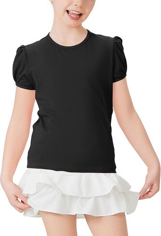 Girls' Puff Sleeve Shirts Summer Round Neck Cotton T-Shirt (2t-13Y) in Kuwait