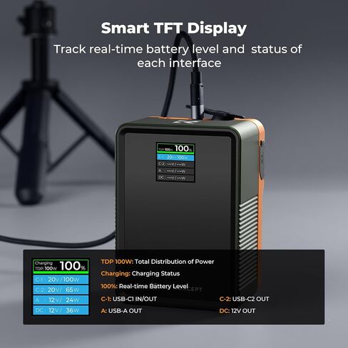 K&F Concept 99Wh V-Mount Battery with PD100W USB-C Fast Charging and Multi-Output Ports, TFT Digital Screen & Emergency Light for Professional Photography in Saudi Arabia