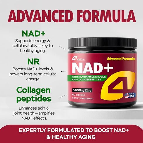 NAD Supplement 1400mg Supports Healthy Aging Complex with Nicotinamide Riboside, Collagen Peptides - Powerful NAD+ Formula for Cellular Energy, Skin & Cognitive Support - 60 Capsules in Saudi Arabia