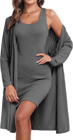 Ekouaer Robe Sets for Women Sleepwear Rib Knit Bodycon Nightgown with Robes Set 2 Piece Soft Lightweight Loungewear in Saudi Arabia