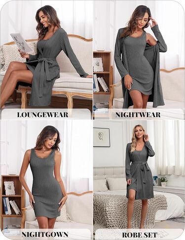 Ekouaer Robe Sets for Women Sleepwear Rib Knit Bodycon Nightgown with Robes Set 2 Piece Soft Lightweight Loungewear in Saudi Arabia