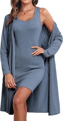 Ekouaer Robe Sets for Women Sleepwear Rib Knit Bodycon Nightgown with Robes Set 2 Piece Soft Lightweight Loungewear in Saudi Arabia