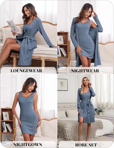 Ekouaer Robe Sets for Women Sleepwear Rib Knit Bodycon Nightgown with Robes Set 2 Piece Soft Lightweight Loungewear in Saudi Arabia