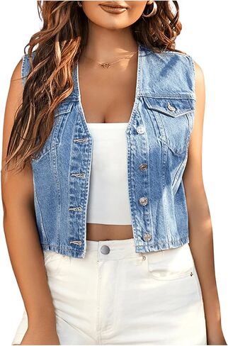 Verdusa Women's Button Front V Neck Sleeveless Denim Vest Casual Jean Jacket in Saudi Arabia