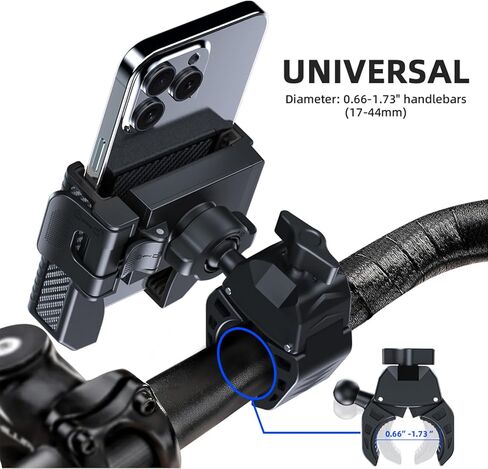 Motorcycle Phone Mount Holder - Camera Friendly、1s Lock Bike Phone Holder Handlebar Clamp, Bicycle Scooter Phone Clip, for iPhone 16 Pro Max, 15 14, 2.68~3.86" Wide Phones (Black) in Saudi Arabia