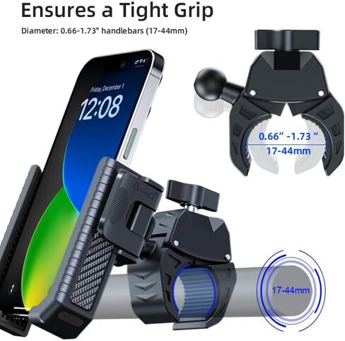 Motorcycle Phone Mount Holder - Camera Friendly、1s Lock Bike Phone Holder Handlebar Clamp, Bicycle Scooter Phone Clip, for iPhone 16 Pro Max, 15 14, 2.68~3.86" Wide Phones (Black) in Saudi Arabia