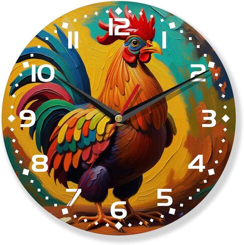 Chicken Wall Clocks,Rooster Oil Painting Wall Clock Decorative,Chicken Kitchen Wall Clock Battery Operated - 10 Inch Round Bathroom Wall Clocks Silent Non-Ticking in Saudi Arabia